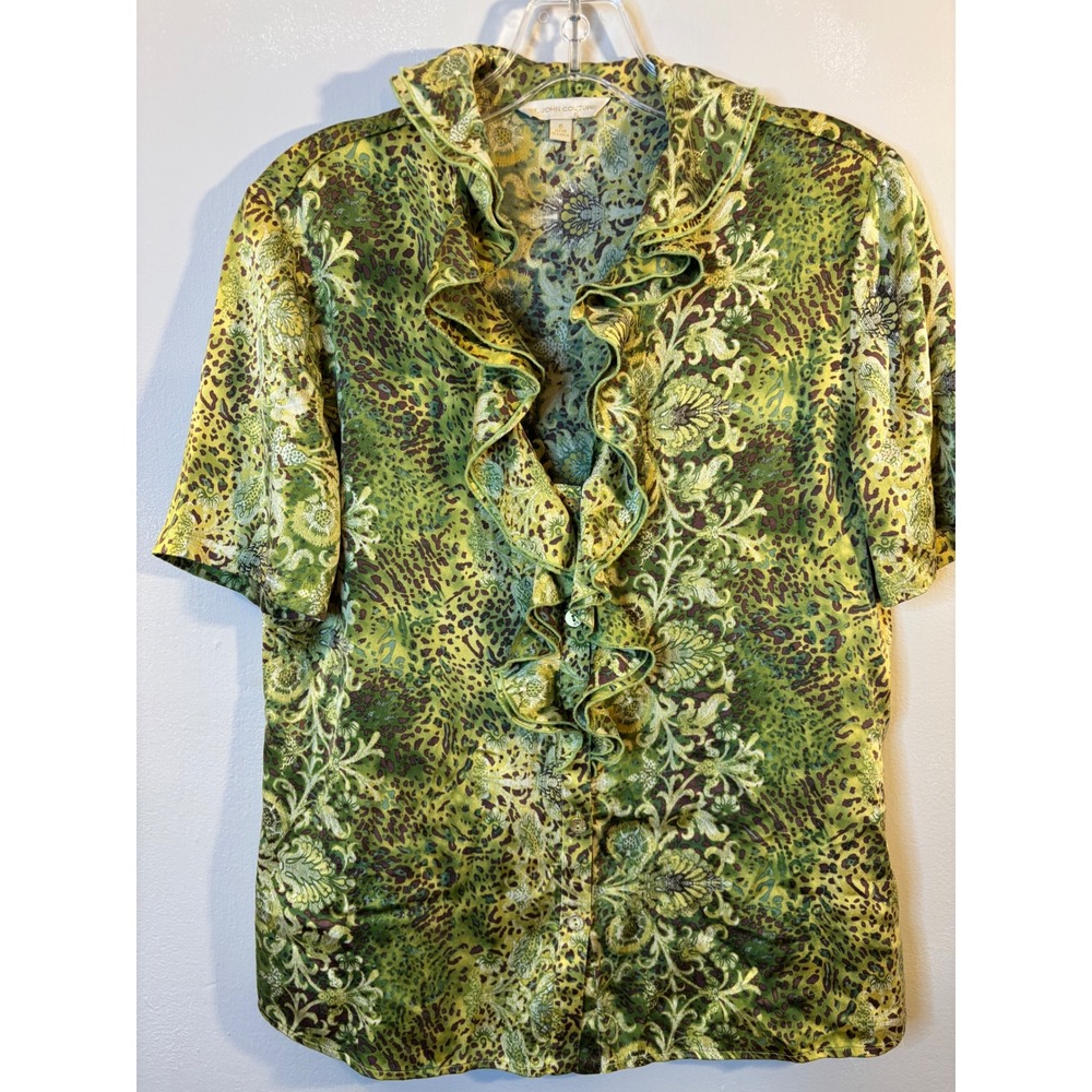 St. John Couture Green Floral & Animal Print Silk Ruffle Front Blouse 6